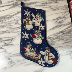 Vintage Needlepoint Christmas Stocking Snowman 15-17" Cross-stitch Handmade